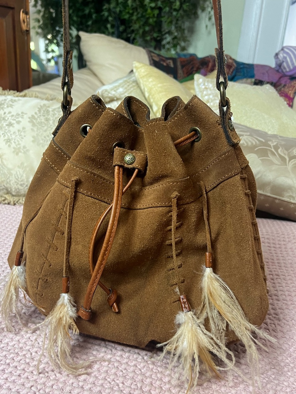 Patricia Nash Brown Suede Feather Tassel Bucket Crossbody Bag